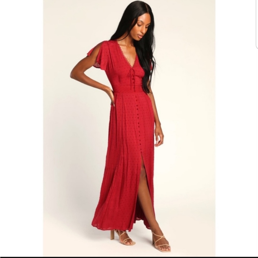 LULU’s Completely In Love Wine Red Swiss Dot Button-Front Maxi Dress
